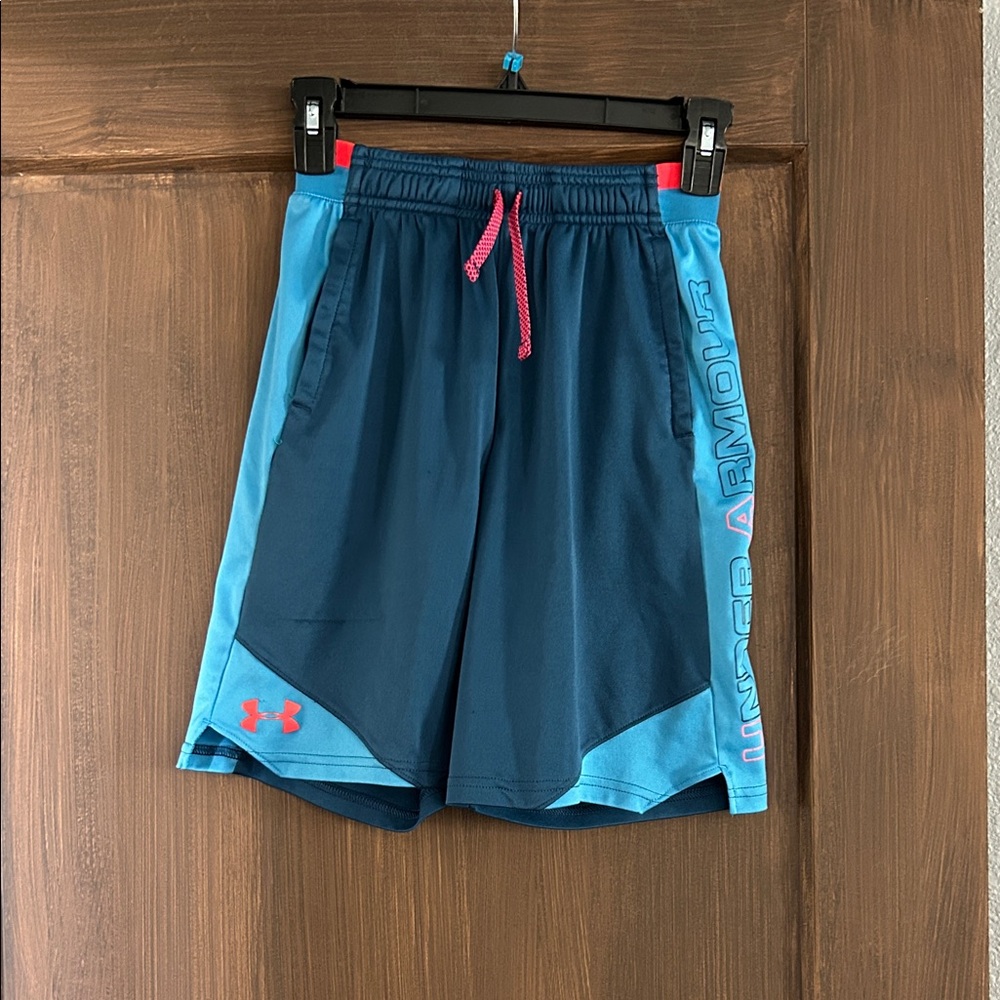 Under Armour Navy and Light Blue Athletic Shorts with Pink Drawcord